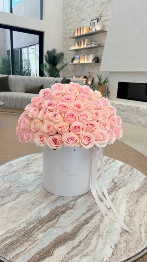 Pink Reverie Elegance Box, 50 blush pink roses in a white box, Aroma Flowers Las Vegas