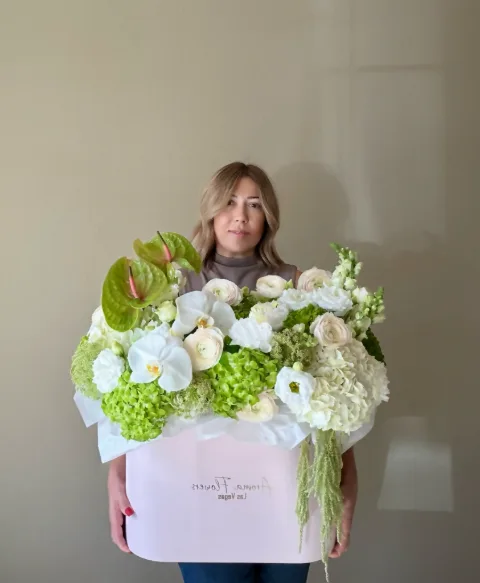 Emerald Serenity Large Oval Flower Box, green hydrangea and white orchids, Aroma Flowers Las Vegas