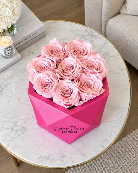 Forever Rosé, blush pink preserved roses in a hexagon box, Aroma Flowers Las Vegas