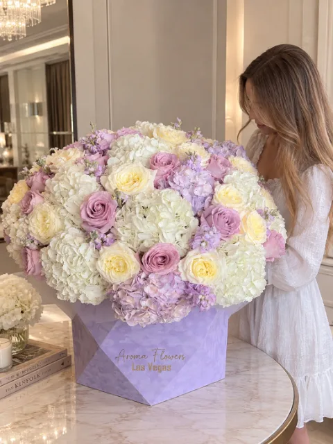 Lavender Dream Flower Box, lavender and ivory roses with hydrangea, Aroma Flowers Las Vegas