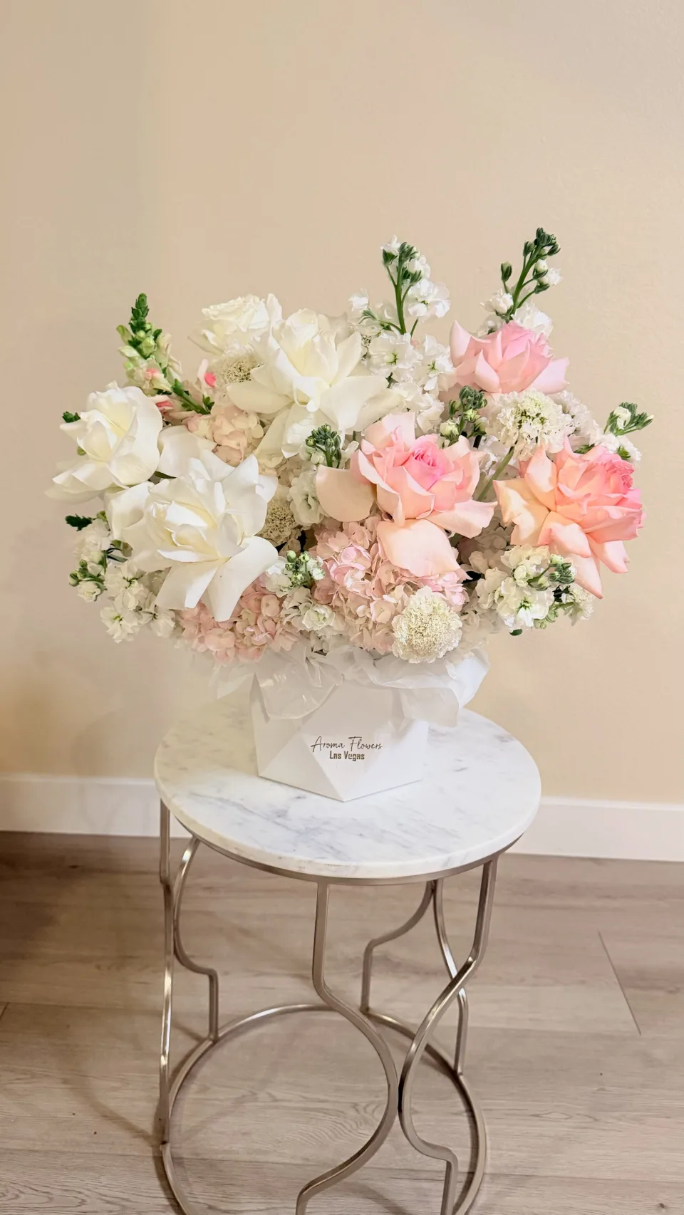 Pink Blossom Garden, pink and white roses with hydrangea in a white box, Aroma Flowers Las Vegas