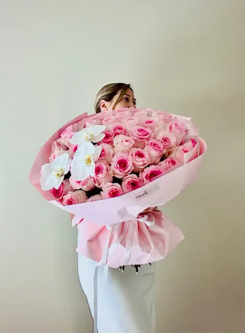Pink Enchantment Rose Bouquet, 50 pink roses with white orchids, Aroma Flowers Las Vegas