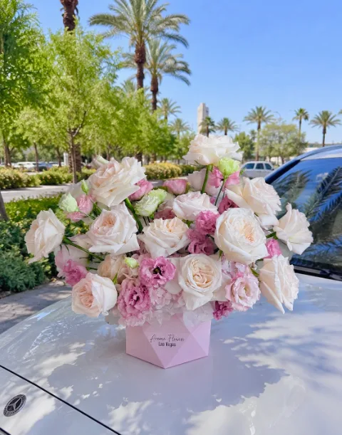 Pink Harmony Flower Box, white roses and pastel hydrangea in a pink box, Aroma Flowers Las Vegas