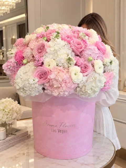 Pink Paradise Flower Box, pink roses and hydrangea in a large pink box, Aroma Flowers Las Vegas