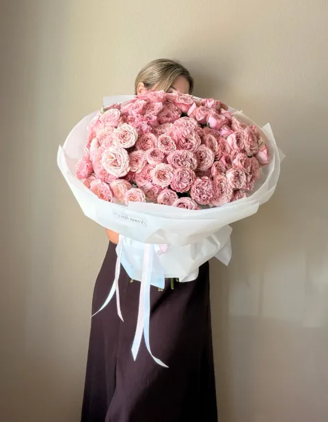 Pink Rose Obsession Bouquet, pink spray roses in white paper, Aroma Flowers Las Vegas