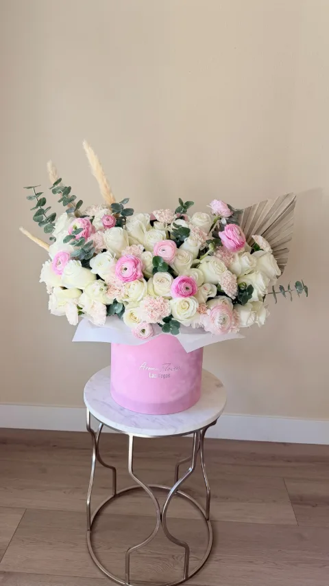 Pink Whisper Flower Box, white roses and pink ranunculus in a pink box, Aroma Flowers Las Vegas
