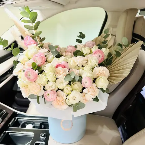Serene Whisper, white ranunculus box, Aroma Flowers Las Vegas