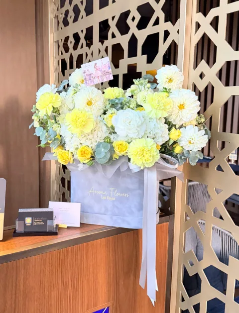 Sunshine Serenade Flower Box, yellow and white blooms with greenery, Aroma Flowers Las Vegas